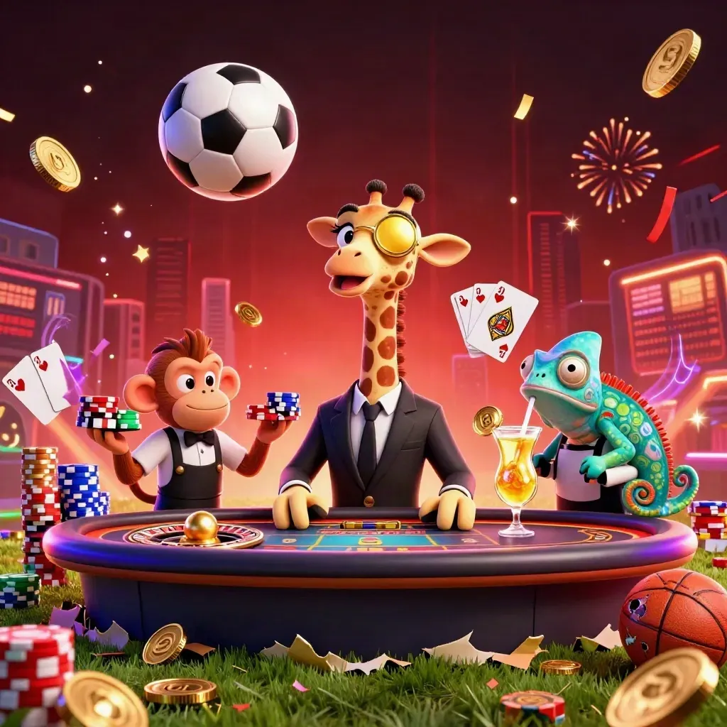 Neon casino animals, soccer ball, chips, roulette wheel, and gold light burst