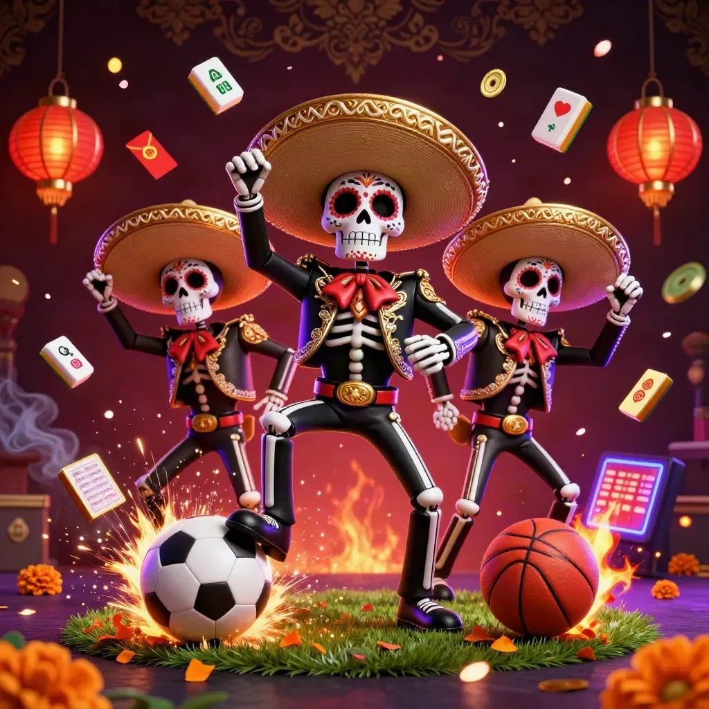 Skeleton mariachi trio amid casino symbols, sports balls, and golden damask lighting.