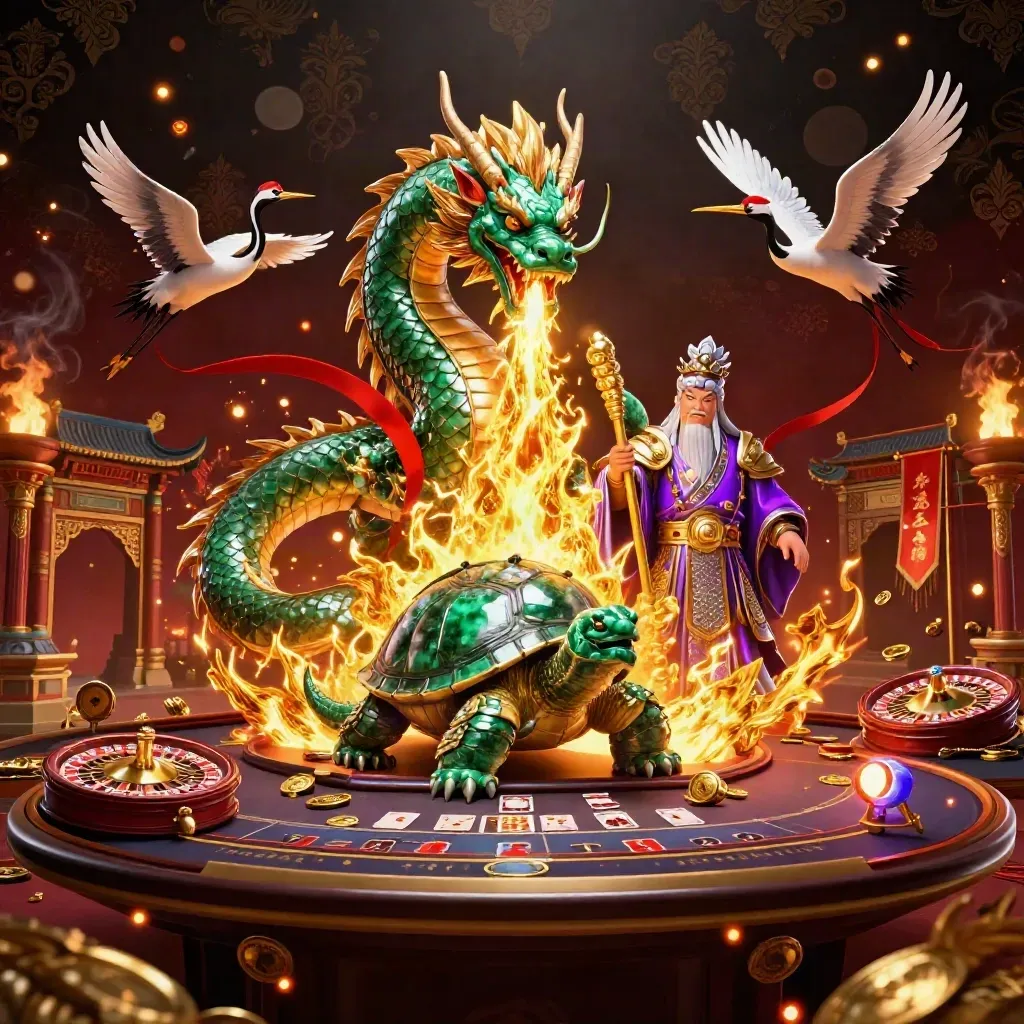 Emerald dragon, turtle sage, and red-ribbon cranes amid gold fire in a neon casino temple.