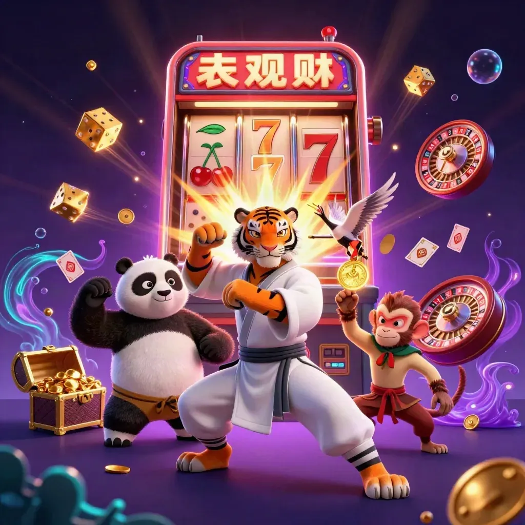 Kung-fu tiger, panda, and monkey amid exploding casino symbols, gold, and neon light.