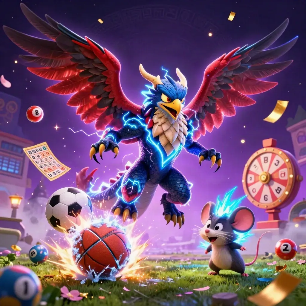Thunder dragon, wind hawk, and static mouse amid casino sports energy and flying game props
