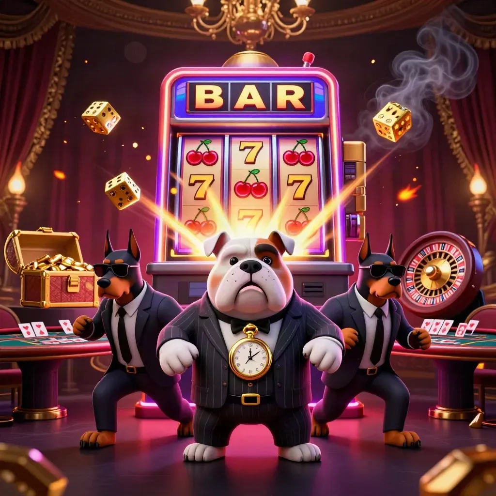 Mafia-boss bulldog with Doberman guards amid casino jackpots, smoke, and gold.