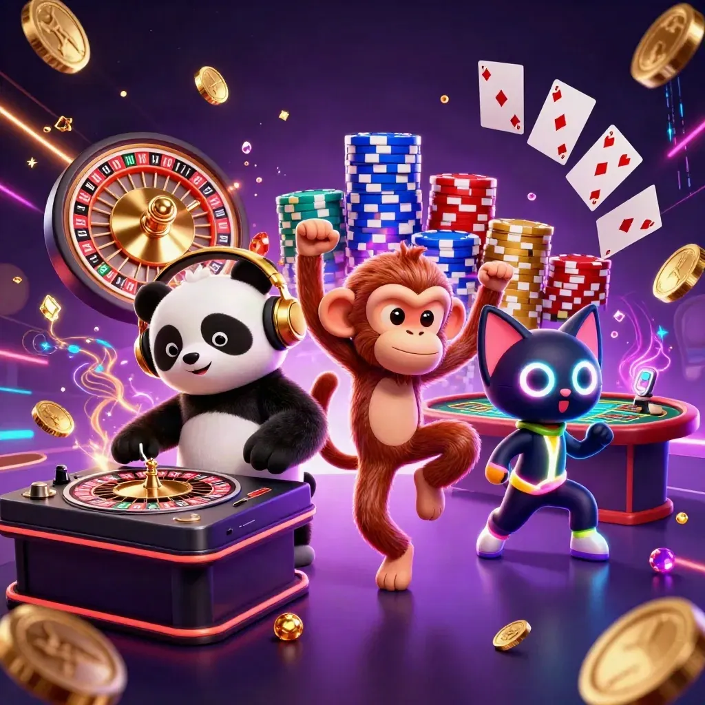 DJ panda, breakdancing monkey, and glow-stick kitten amid casino lights and spinning roulette glamour