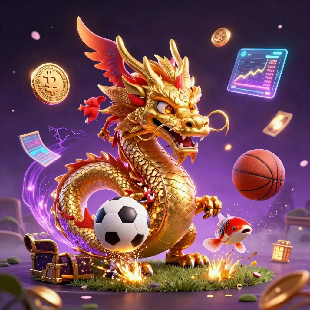 Golden dragon with phoenix, koi, coins, and sports balls in a neon casino explosion