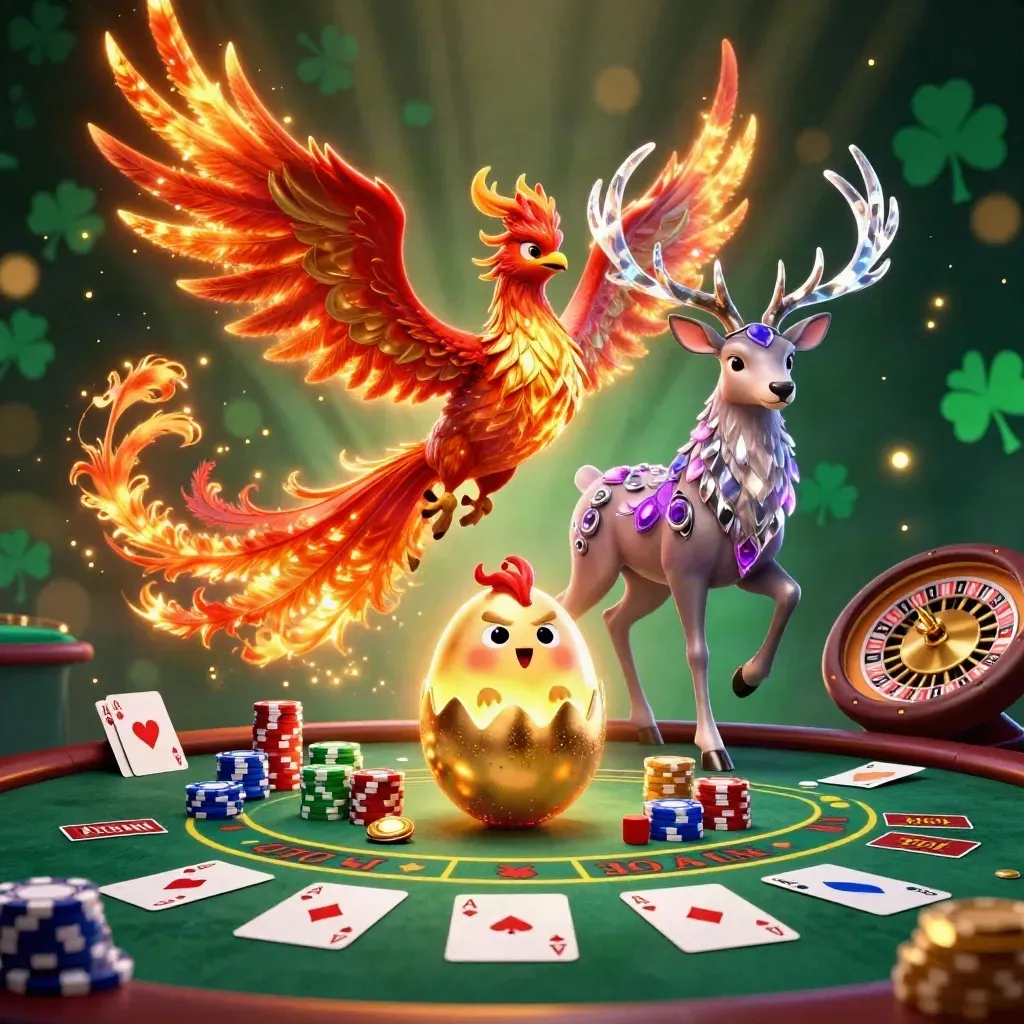 Phoenix, baby phoenix, and crystal-antler stag amid casino cards, chips, and glowing lights