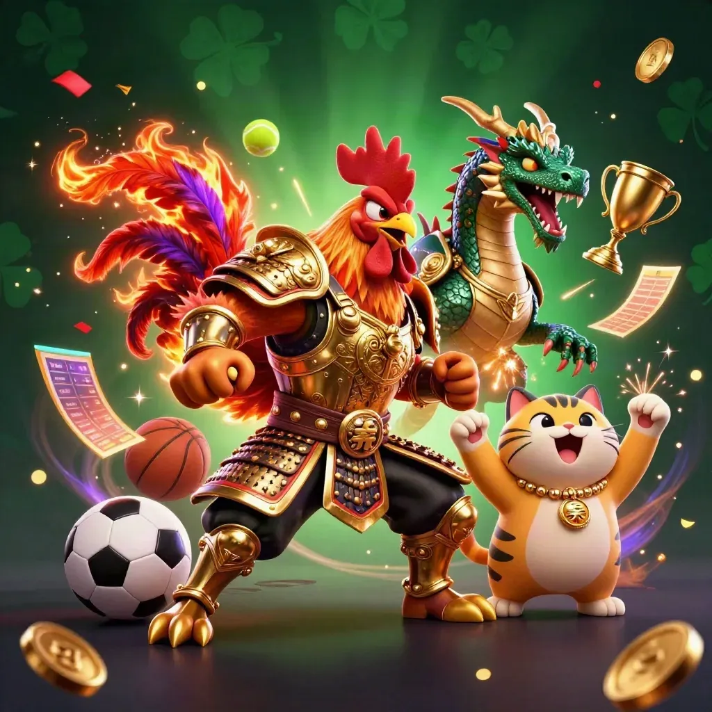 Rooster warrior, dragon hatchling and fortune-cat amid flying sports balls, gold coins and sparks.