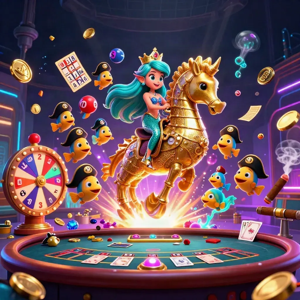 Mermaid princess on a gold seahorse amid casino props, neon underwater glow, and jackpot energy.