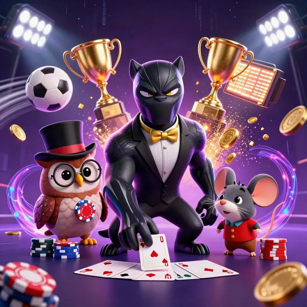 Panther, owl, and mouse amid flying sports balls, coins, trophy, and neon casino effects.