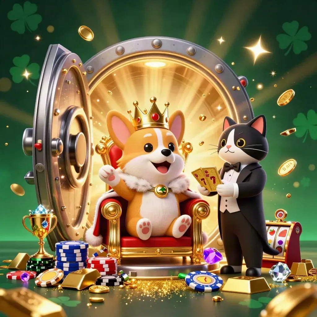 Royal corgi and cat butler burst from a treasure vault amid gold, gems, and casino sparks.