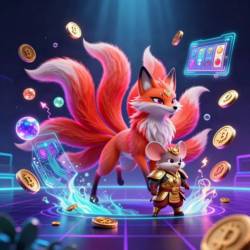 Neon fox spirit and golden mouse amid casino coins, blockchain links, lightning and jackpot effects