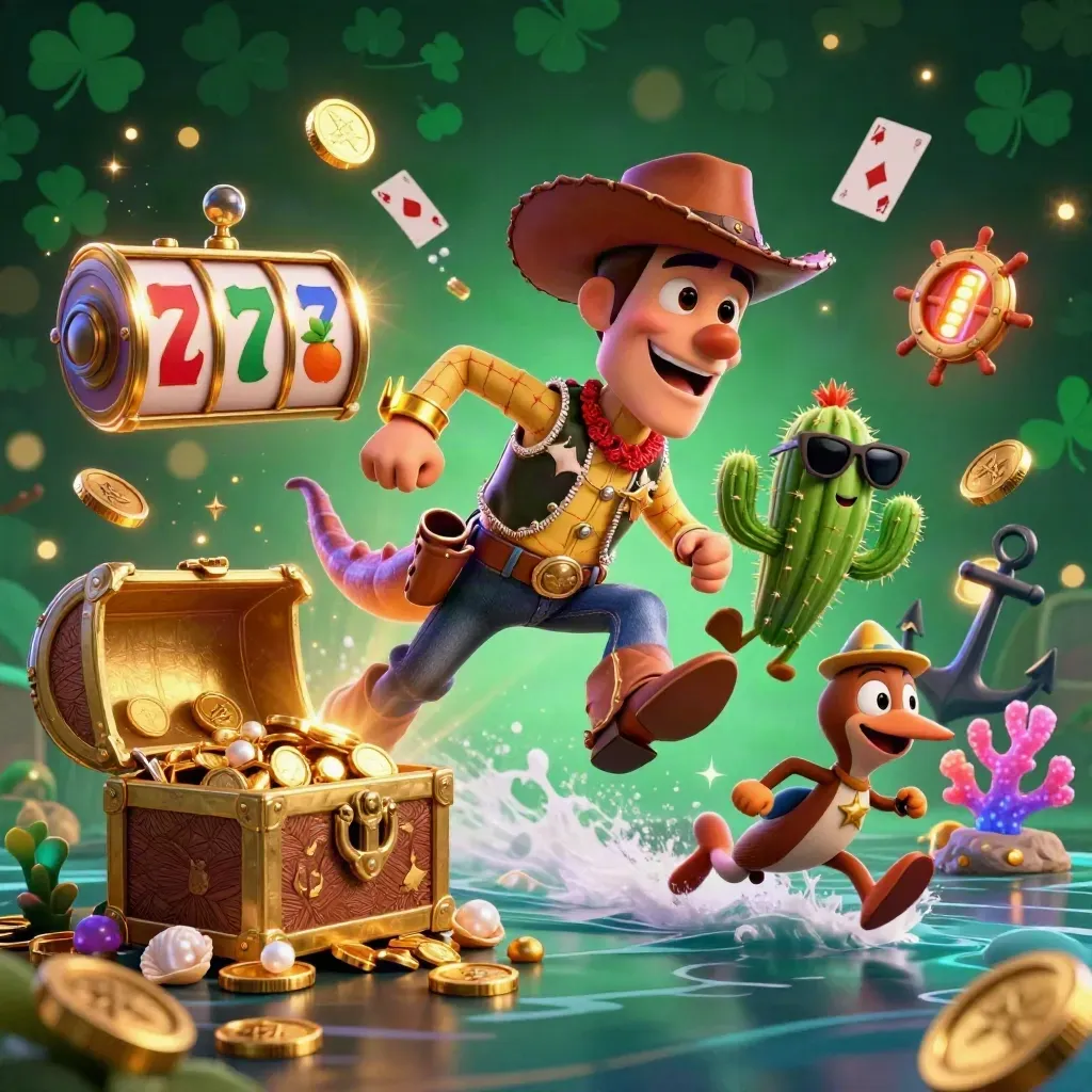 Cowboy T-Rex, cactus buddy and sheriff roadrunner burst from a jeweled pirate treasure cove.