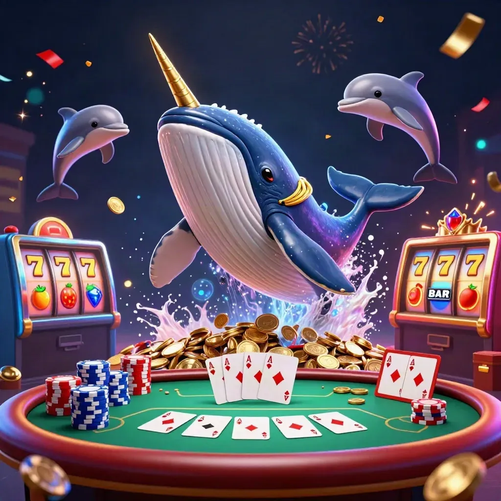 Whale captain, narwhal and dolphins burst through coins with chips, aces, gems and neon effects