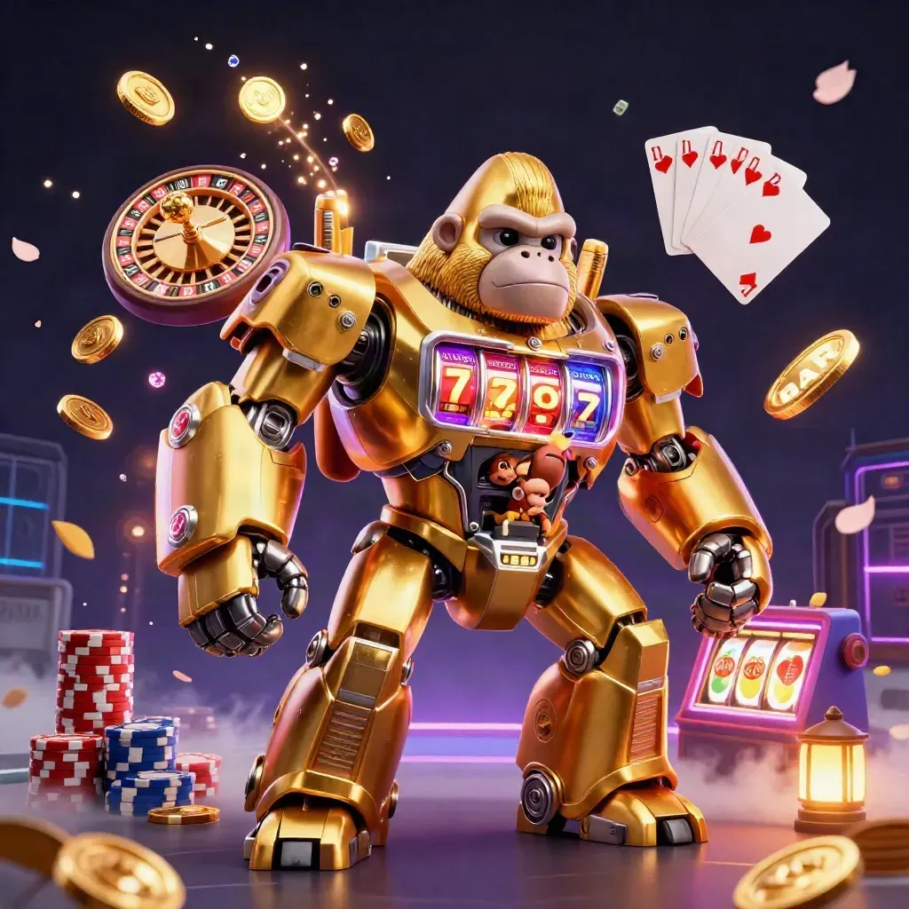 Golden gorilla mech with monkey pilot blasts coins, gems, chips and roulette sparks in neon casino light