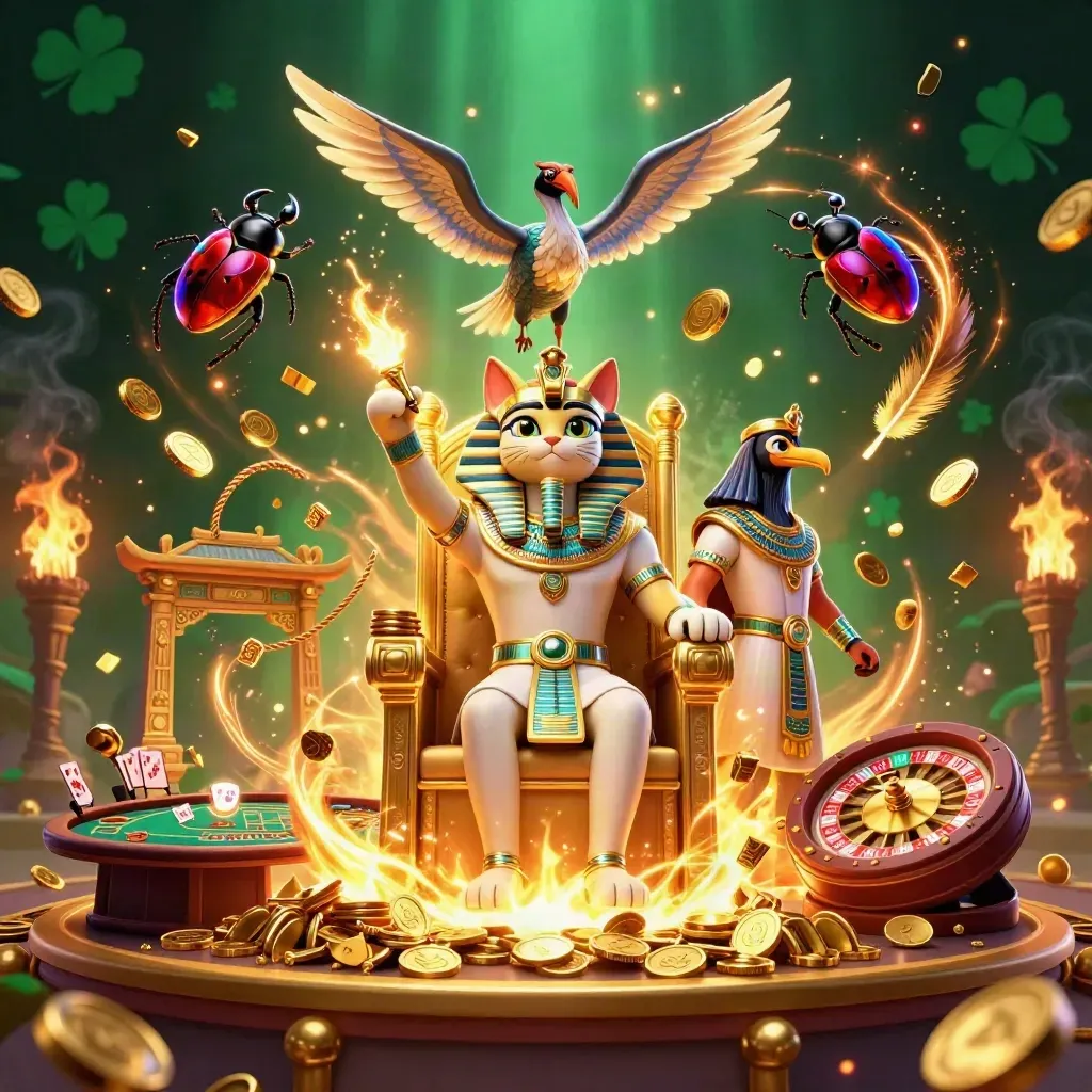 Pharaoh cat, ibis scribe, and scarabs amid coins, fireworks, and casino symbols in emerald gold light.