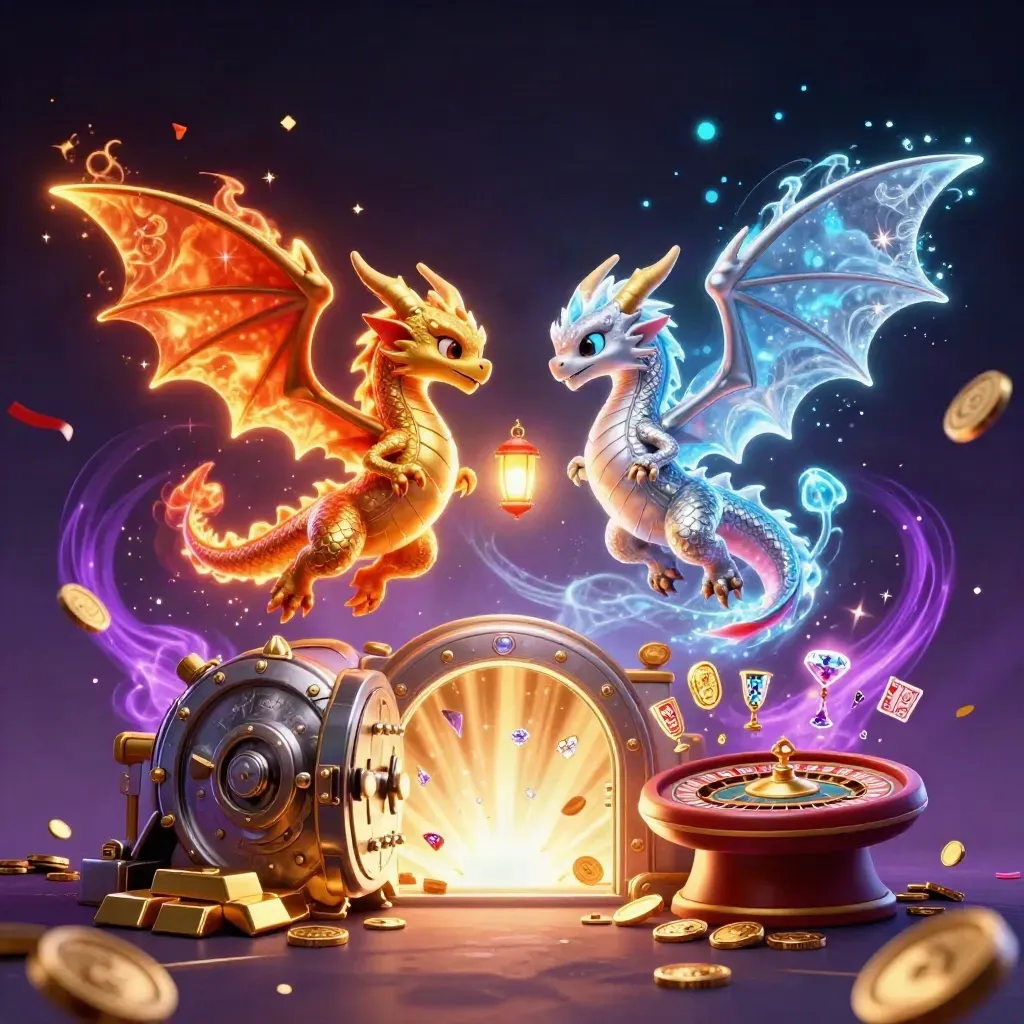 Gold and silver dragons circle a blazing vault with coins, gems, roulette and cards in a dark neon burst.