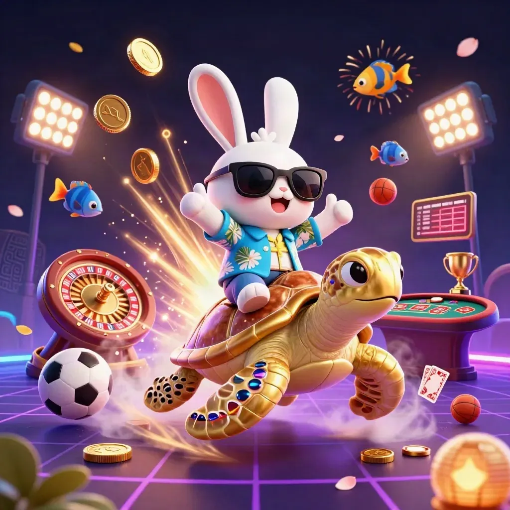 Lucky rabbit rides a golden turtle amid coins, fireworks, roulette, cards, and casino treasure.