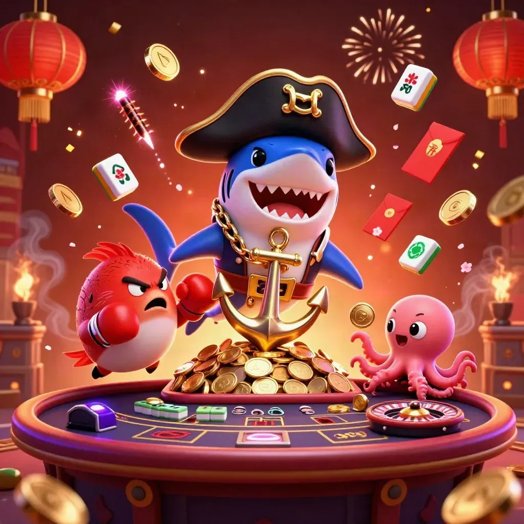 Pirate shark, boxing pufferfish, and juggling octopus amid coins, lanterns, roulette firework chaos.