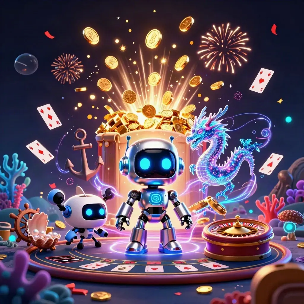 Cyberpunk robot, holographic dragon, and coin drone amid treasure, casino props, and fireworks.