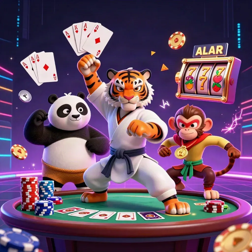 Tiger kung-fu master, panda disciple, and monkey thief amid casino chips and neon reels.