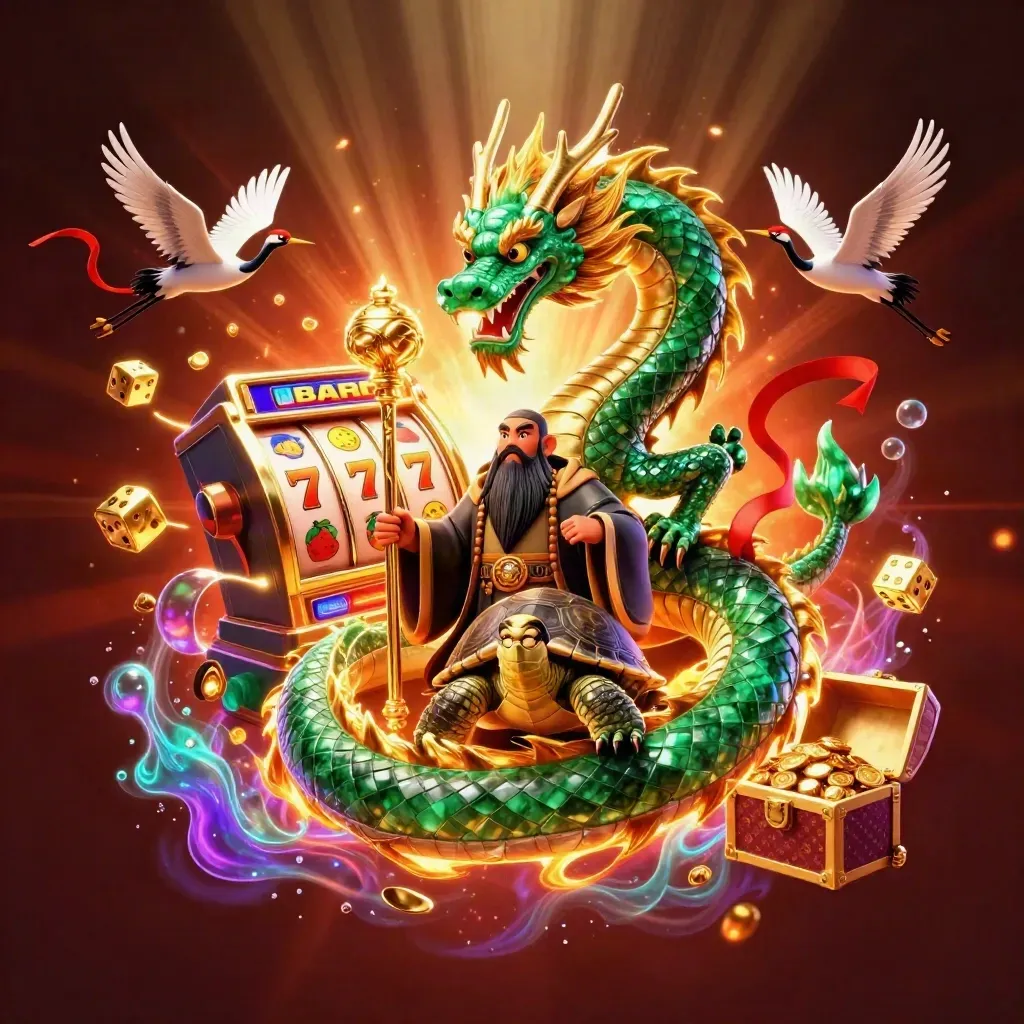 Emerald dragon, turtle sage, cranes, slot machine, gold loot, and glowing casino effects.