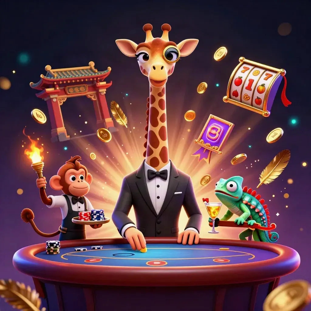 Giraffe, monkey, and chameleon casino crew amid coins, reels, temple gate, and neon effects.