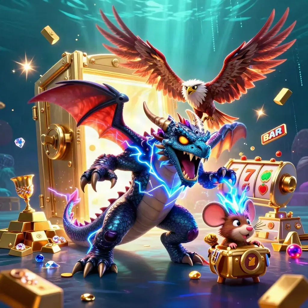 Thunder dragon, wind hawk and thunder-mouse blast out of a golden vault amid casino loot and lightning