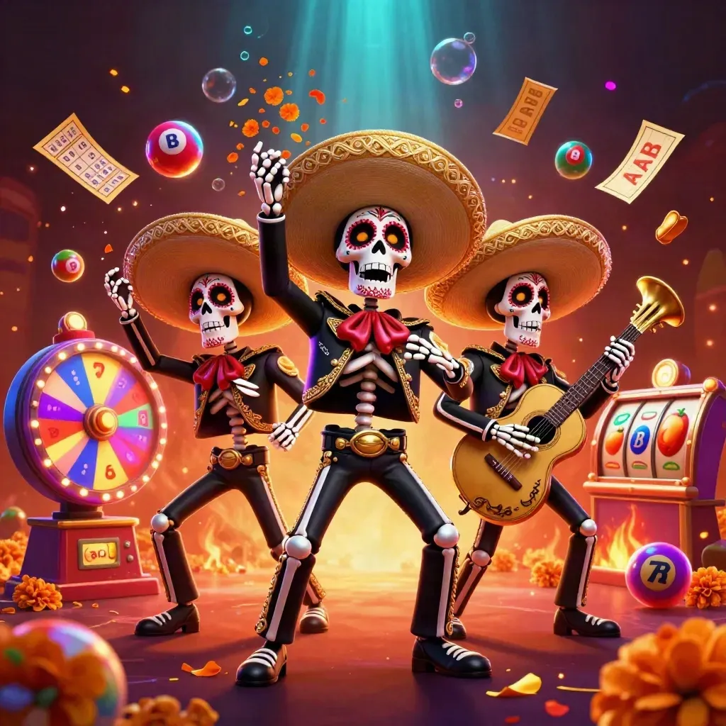 Three skeleton mariachi musicians with casino effects, marigolds, and glowing reels in a dramatic neon scene.