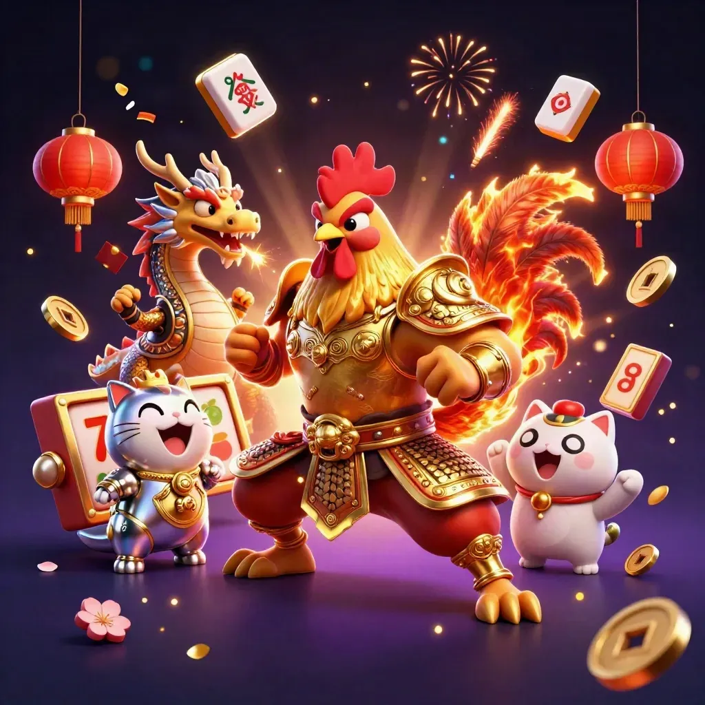 Rooster warrior, dragon hatchling, and fortune cat amid casino sparks, coins, tiles, and gold light.